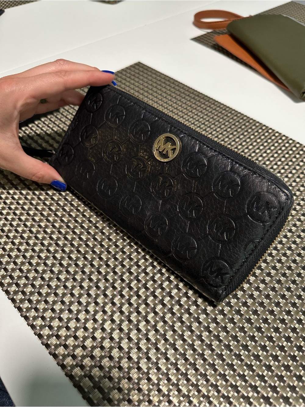 Michael Kors Black Embossed Leather Zip-Around Wallet with Gold Logo